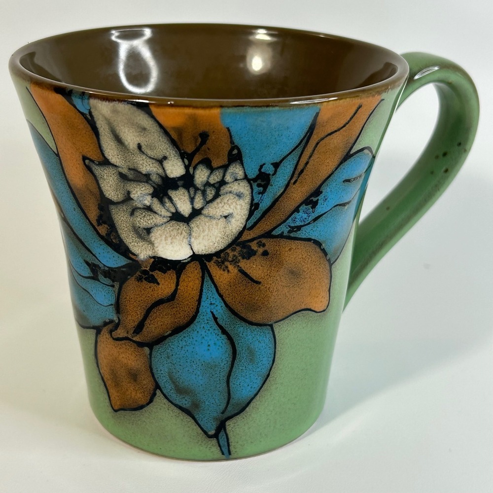 Spectrum Ceramic Art Pottery Mug Hand Painted Floral Green Blue Brown Coffee Cup